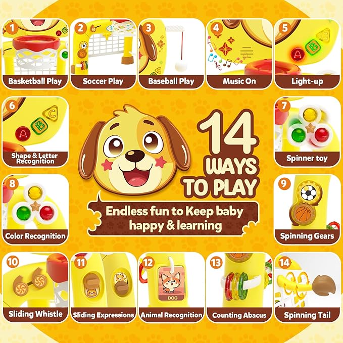 Toys for 1 Year Old Boy - Toddler Basketball Hoop & Soccer Goal & Baseball Activity Center with Light Sound Music, Puppy Montessori Sports Toy, Christmas Birthday Gift for Baby 12-18 Months, Yellow