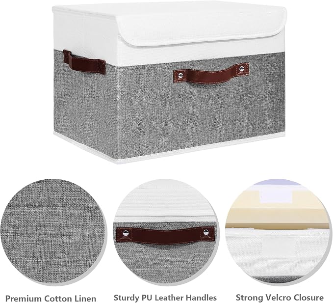 ANMINY Fabric Storage Box Bins with Lids, Gray White, 15"x10"x10", 2 Pack | Keepsake Memory Storage, Cotton Linen, PP Board Reinforced, Washable, PU Handles, Foldable & Stackable, Decorative, Large