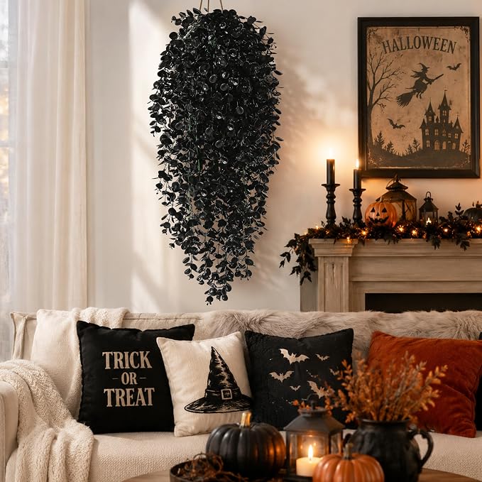 Waipfaru 4Pcs Artificial Hanging Plants, Black Halloween Wall Decor | Fake Plants Eucalyptus Leaves for Outdoors UV Resistant Plants Outdoor Indoor Bedroom Living Room Porch Shelf Decor
