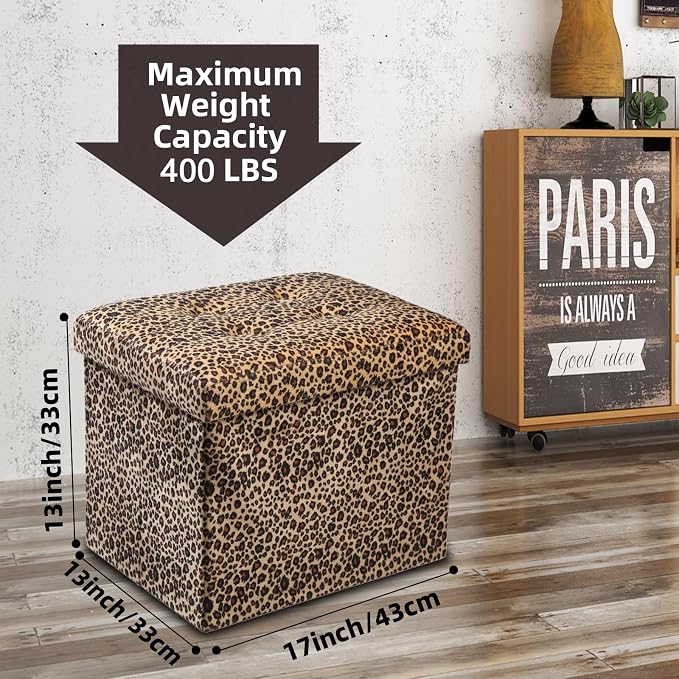 ALASDO Ottoman Storage Ottoman Footrest Stool Foldable Foot Rest Footstool Bench for Living Room 17x13x13inches Leopard Print