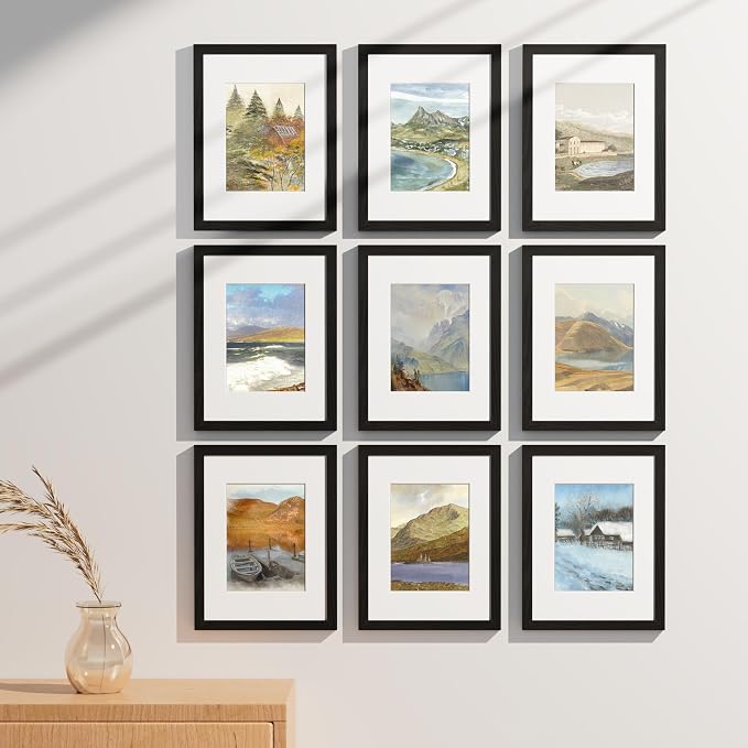 Vittanly 9x12 Picture Frames Set of 9 for Wall or Tabletop Display, Black | Display Pictures 6x8 with Mat or 9x12 without Mat, Engineered Wood with Shatter Resistant Plexiglass, Gallery Photo Frames