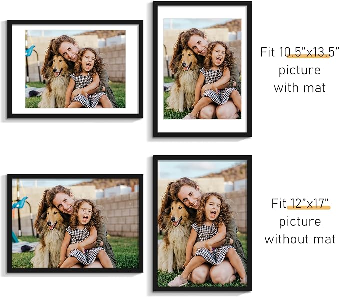 Picrit 12x17 Picture Frame Set of 12, Display 11 x 14 with Mat or 12 x 17 without Mat, Photo Frames for Wall Mounting Display, Black