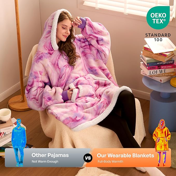 Giggling Getup Wearable Blanket Hoodie for Adults Gifts for Teen Girls Sister Women Sherpa Fleece Printed Hooded Blanket Sweatshirt Warm Cozy with Pocket & Sleeves Purple Texture Pattern