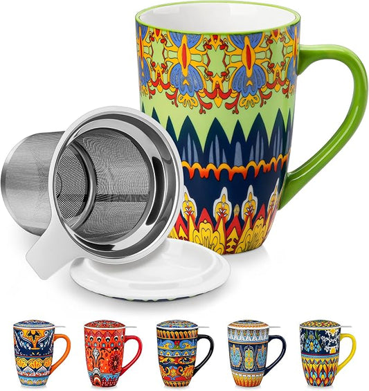 vancasso Ceramic Tea Cup with Infuser and Lid, 18 Ounce Tea Infuser Mug for Loose Leaf Tea, Microwave & Dishwasher Safe, Bohemian Mandala, Gift for Tea Lovers, Mint Petal Whirl