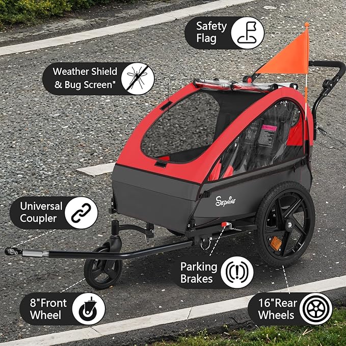 Sepnine Kids Bike Trailer, 2 in1 Canopy Carrier Converts to Stroller Suitable for 1 to 2 Kids, 12+ Months, Quick Attach to Bike, Foldable, with 5-Point Harness and Storage Bags