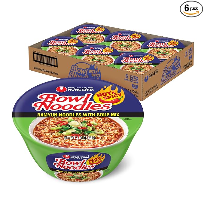 Nongshim Ramen Noodles, Gourmet Instant Ramen bowl, Premium Microwavable Noodle Soup, Hot & Spicy, 3.03 Ounce (Pack of 6)