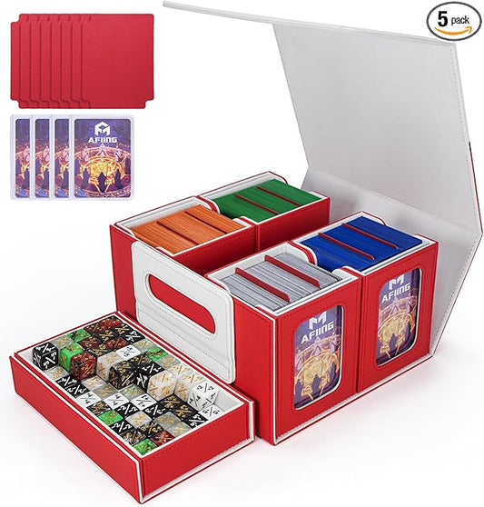 AFIING Commander Deck Box for MTG/EDH, Fits 400+ Double-Sleeved Cards, with Display Window, 4 Removable Deck Cases, Dividers, Dice Tray & Handle, Card Holders for TCG (White Red)