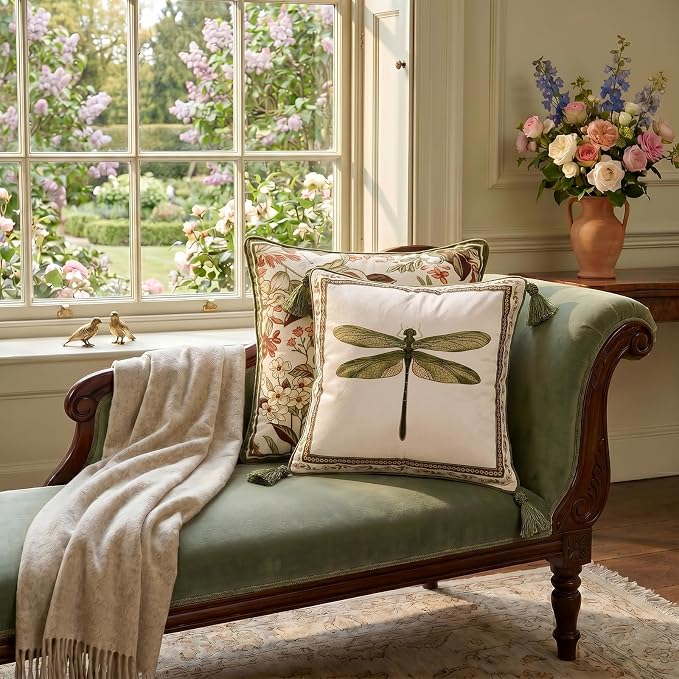 Designer Vintage French Velvet Throw Pillow Cover,18"x18"-Grace C | Pillow Cover,Concealed Zipper Design,Dragonfly Pattern,Sofas,Bedroom,Living Room,Lounge Chairs,All Season Home Decor