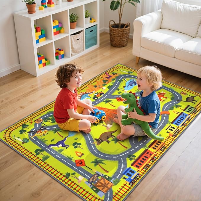 LIVEBOX Kids Playroom Rug-Dinosaur Car Rug Play Mat, 3x5 Washable Non Slip Jurassic Park Rugs for Boys and Girls Bedroom,Nursery,Play Room