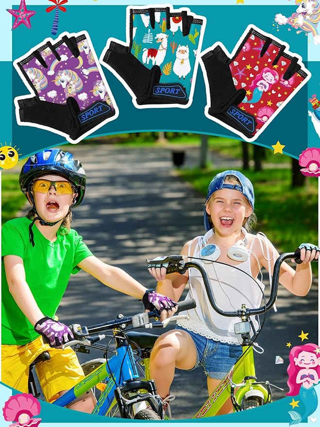 Boao 3 Pairs Kids Half Finger Bike Gloves Non-Slip Breathable Adjustable Birthday Gift for Boys Girls for Bike Workout