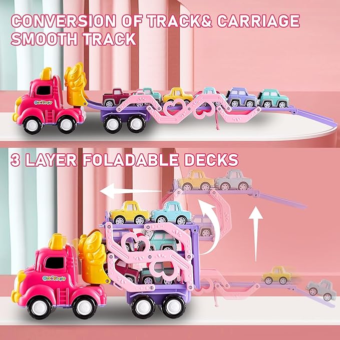 Toy Truck for 1, 2, 3, 4, 5, 6+ Year Old Girls, 7-in-1 Foldable Truck with Light & Music Educational Toy for Toddlers Great Gift for Girls
