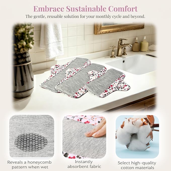 Reusable Sanitary Pads,Reusable Panty Liners,Soft Cloth Menstrual,8 Pack with 1 Cloth Wet Bag for Heavy Flow