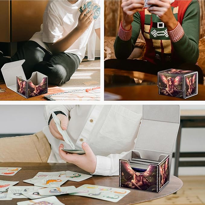 DEGDFSGR for TCG MTG Card Game Storage Box Organizer Trading Card Case Commander Deck Box Magnetic Closure Creative Pattern Up to 200 Cards, Pink Fairy Sitting Flower Meadow