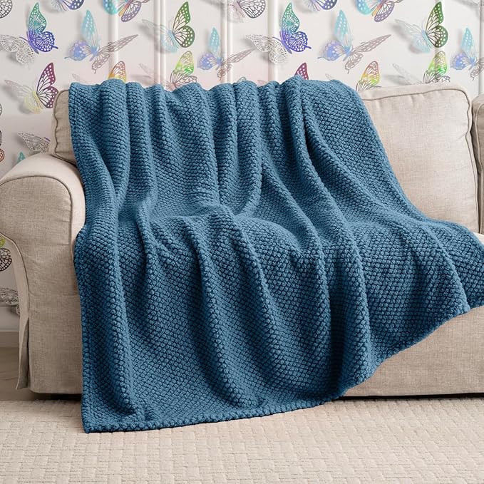 Blue Soft Fleece 300GSM XL Throw Blanket for Couch Cozy Flannel Room Decorative Blankets, Lightweight Plush Blanket for Bed Sofa, 50x70