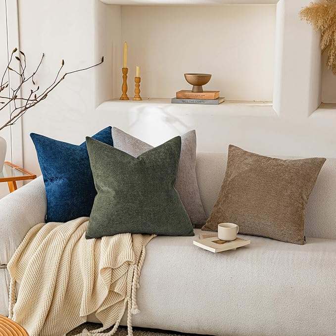 a moment Pack of 2 Decorative Chenille Throw Pillow Covers with Twill Cushion Covers for Sofa Living Room Couch Bed 20x20 Inch Olive Green
