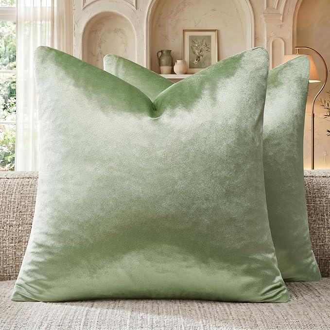GIGIZAZA Sage Green Velvet Throw Pillow Covers 16x16 Pack of 2 | Decorative Pillows for Couch Sofa,280gsm Soft Textured Fabric,Modern Square Pillowcases,Luxury Cushion Covers