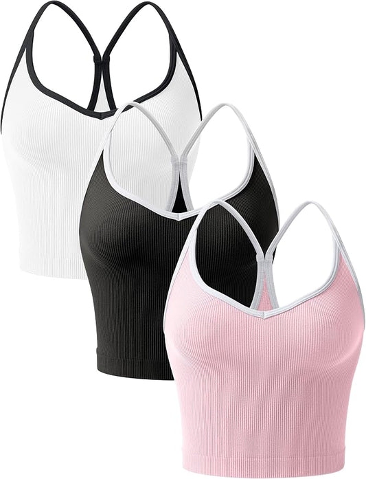 OLCHEE Womens 3PK Crop Tank Tops Seamless Ribbed Sweetheart Neck Racerback Spaghetti Straps Contrast Trim Workout Yoga Cami