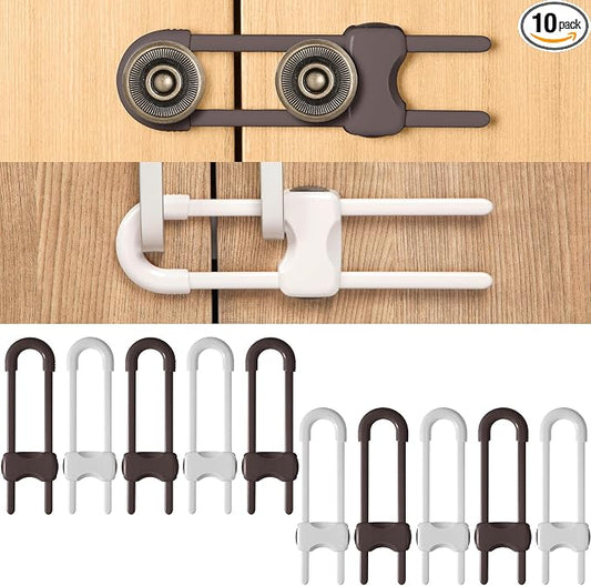 Jetec 10 Pack Baby Cabinet Locks, No Adhesive No Drill Child Safety Locks for Cabinets with Knobs or Handles, Adjustable U-shaped Child Proof Latches for Cupboards, Fridge, Closet, Pets(Brown,White)