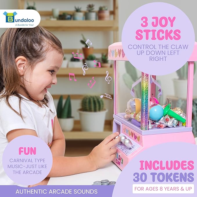 Bundaloo Squishy Claw Machine Arcade Game Candy Grabber Prize Dispenser with 3 Squishy Toys and Reusable Capsules