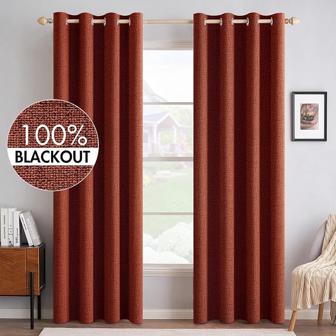 MIULEE 100% Blackout Linen Curtains for Bedroom Thermal Insulated Burnt Orange Grommet Room Darkening Curtains & Drapes Rust Terracotta Fall Decor for Living Room 52 x 108 Inch (2 Panels)