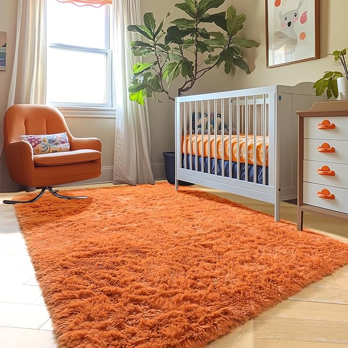 Amdrebio Burnt Orange Shag Plush Large Area Rug 6x9 for Living Room Bedroom | Fuzzy Shaggy Thick Big Rustic Carpet, Classroom Apartment Playroom Decor, Halloween, Baby Kids Toddler Corner, Dark Orange