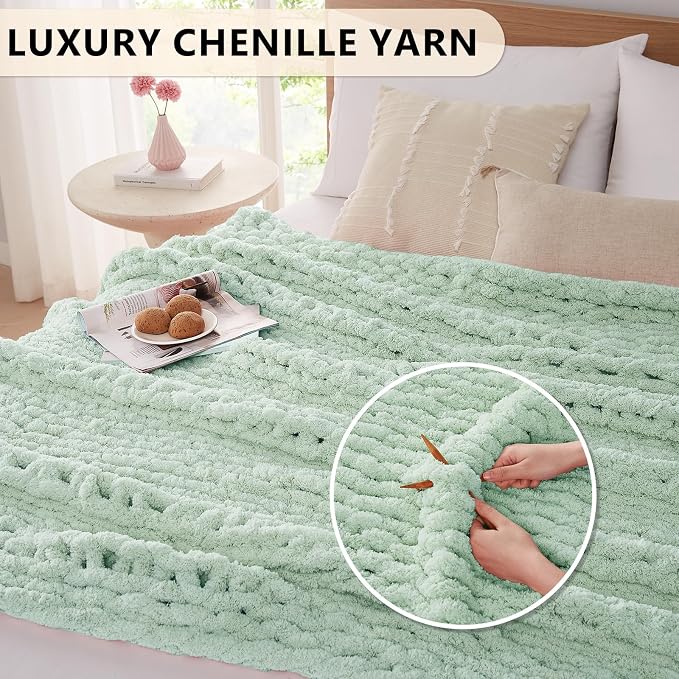 L'AGRATY Chunky Knit Throw Blanket for Couch, 50 x 60 Inches, Milky Green | Handmade Chenille Crochet Blanket for Sofa Bed, Thick Cable Knitted Blankets for Room Home Decor, Birthday Gift for Women Mom