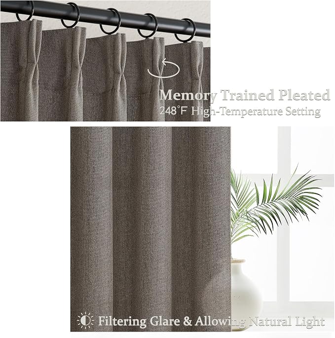 Chocolate Tart Pinch Pleat 90 Inch Bedroom Curtains 2 Panels Set, Memory Shape Natural Linen Semi Sheer Light Filtering Privacy Heavy Windows Drapes Country Dining Room Viral Curtain with Hooks Rings