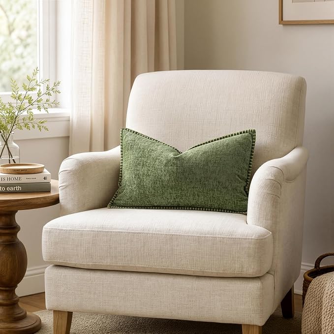 MIULEE Decorative Lumbar Throw Pillow Covers 12x20 Inch Sage Green 2 Pack | Farmhouse Pillow Covers with Stitched Edge, Soft Chenille Cushion Cases, for Couch Sofa Bed Living Room Home Decor