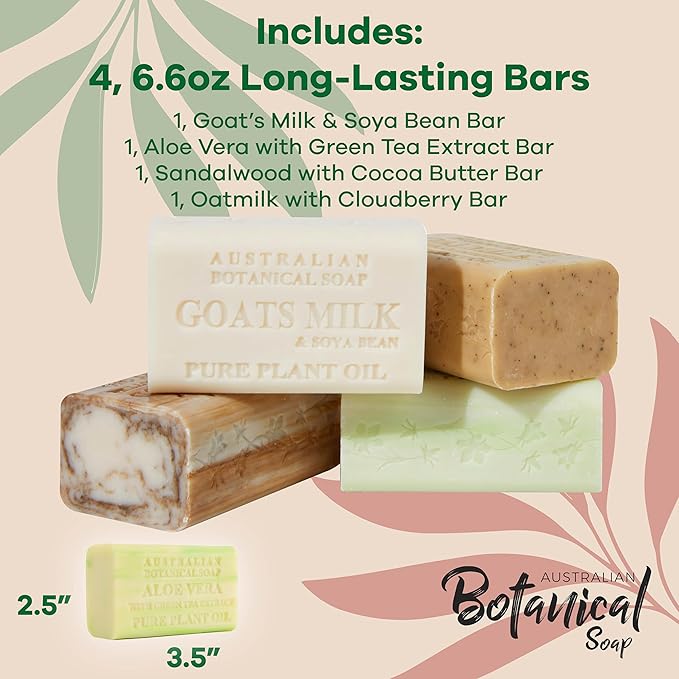 Australian Botanical Soap Woodsy Medley 4 Bar Variety Pack – Goats Milk, Sandalwood, Oat Milk & Aloe Vera, Triple Milled 6.6 oz Bars with Shea Butter