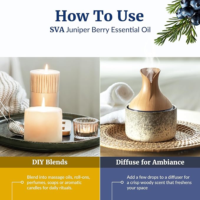 SVA Juniper Berry Essential Oil 4 Fl Oz – for Diffuser, Skin & Hair Care – Ideal for Massage & DIY Blends - with Dropper