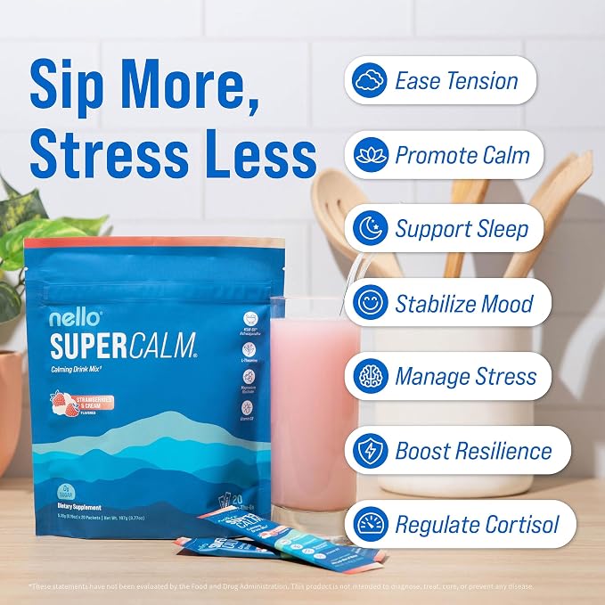 Nello Supercalm Powdered Drink Mix, Cortisol Reducer*, Sleep Aid Supplement, L Theanine, Ksm-66 Ashwagandha, Magnesium Glycinate, Vitamin D 3, No Sugar, Non GMO, 20 Ct, Strawberries & Cream