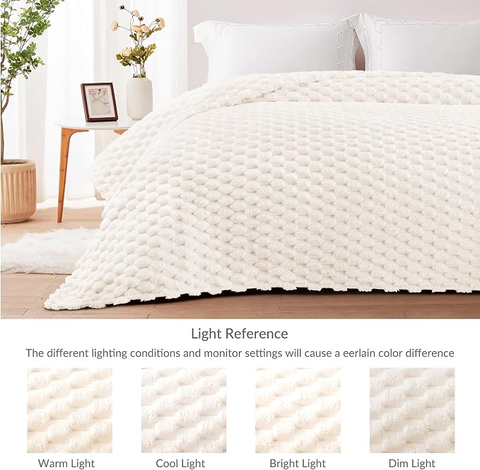 Whale Flotilla Soft Fleece Queen Size Bed Blanket Luxury 3D Jacquard, Ivory | Lightweight Breathable Coverlet Bedspread for All Seasons, Super Cozy Plush Fluffy Fuzzy Decorative Blanket for Bed, 90"x90"