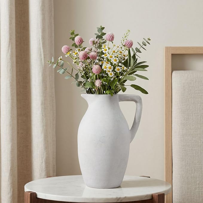 Ceramic Flower Vase with Handle, 9.65 inch Tall Ceramic Vase Home Decor Farmhouse Vases Terracotta Table Vases for Living Room Bathroom Modern Boho Coffee Table Centerpieces Bookshelf Kitchen, White
