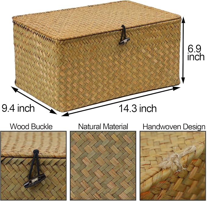 Seagrass Wicker Storage Basket with Lid, X-Large, Natural | Extra Large Box, Shelf Organizer, Rectangular Woven Bin, Multipurpose Home Storage, Natural Decor, 14.3 x 9.4 x 6.9