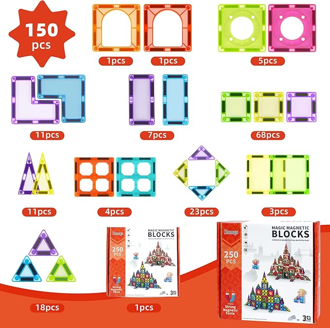 250 PCS Magnetic Tiles for Kids,Magnetic Blocks for Kids with Christmas Theme, Magnetic Building Blocks Set, 3D SETM Educational Toddler Toys