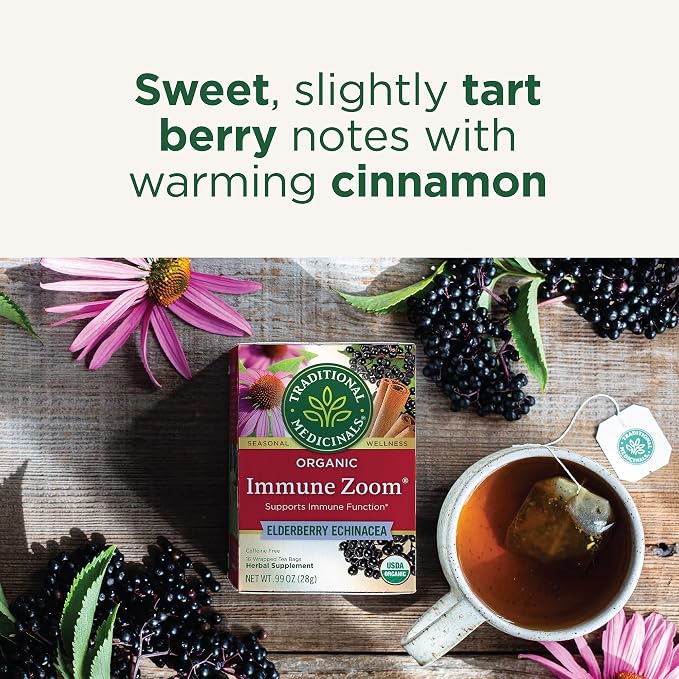 Traditional Medicinals Tea, Organic Immune Zoom Elderberry Echinacea - Supports Immune Function - Kosher, Non-GMO, Caffeine-Free, Compostable - 16 Tea Bags