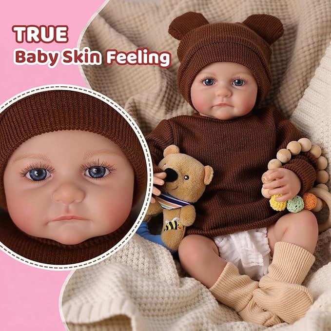 BABESIDE 17 Inch Reborn Baby Dolls, Lifelike Newborn Doll with Soft Cloth Body, Handmade Baby Doll with Bear Hat & Toy, Set Includes Bottle, Magnetic Pacifier, Clothes, Gift for Kids Age 3+