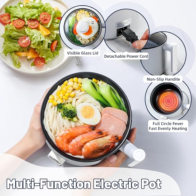 Electric Hot Pot 1.5L Nonstick Ramen Cooker for One-Person | Dual Power Setting for Hot Pot, Pasta/Soup/Oatmeal/Egg, Portable for Dorm/Travel, Overheat & Boil-Dry Protection (Grey, 1.5L)