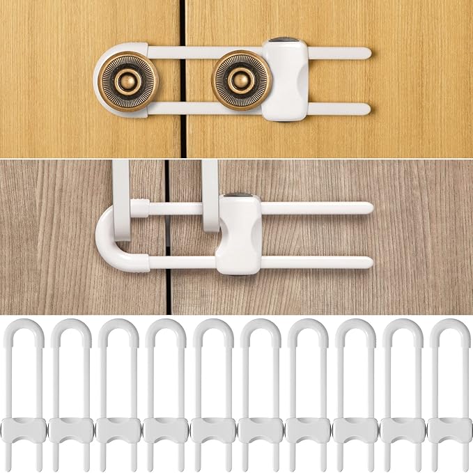 Jetec 10 Pack Baby Cabinet Locks, No Adhesive No Drill Child Safety Locks for Cabinets with Knobs or Handles, Adjustable U-Shaped Child Proof Latches for Cupboards, Fridge, Closet, Pets(White)