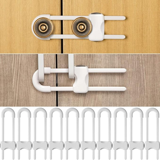 Jetec 10 Pack Baby Cabinet Locks, No Adhesive No Drill Child Safety Locks for Cabinets with Knobs or Handles, Adjustable U-Shaped Child Proof Latches for Cupboards, Fridge, Closet, Pets(White)