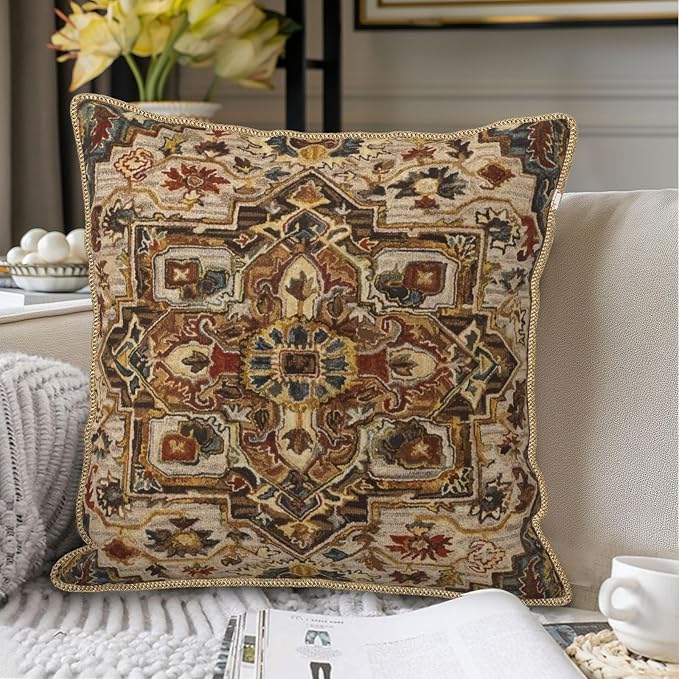 KSLIDS Boho Brown Soft Velvet Throw Pillow Covers Set of 2 Vintage Bohemian Rug Carpet Decorative Pillow Covers 16x16 Inch Antique Ethnic Pillow Case for Sofa Couch Living Room Home Decor