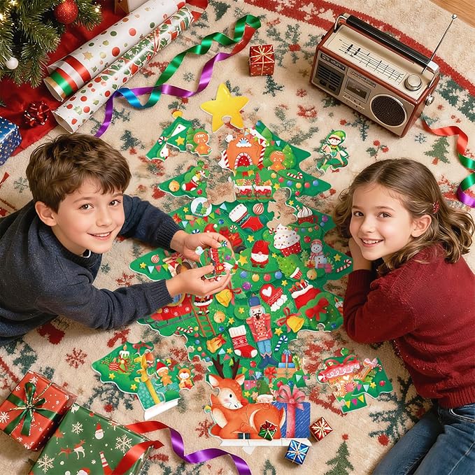 Christmas Puzzles with 48 Large Pieces - Christmas Tree Shaped Floor Puzzle for Party Decorations, Gifts, and Classroom Activities