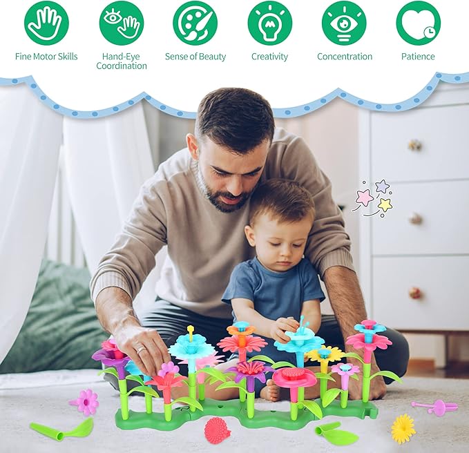 FLYINGSEEDS 46 PCS Flower Garden Building Toys for Girls, STEM Toy Gardening Pretend Play Set for Kids, Girls Favor Stacking Game for Toddlers, Preschooler Age 3 4 5 6 7 8 Year Old