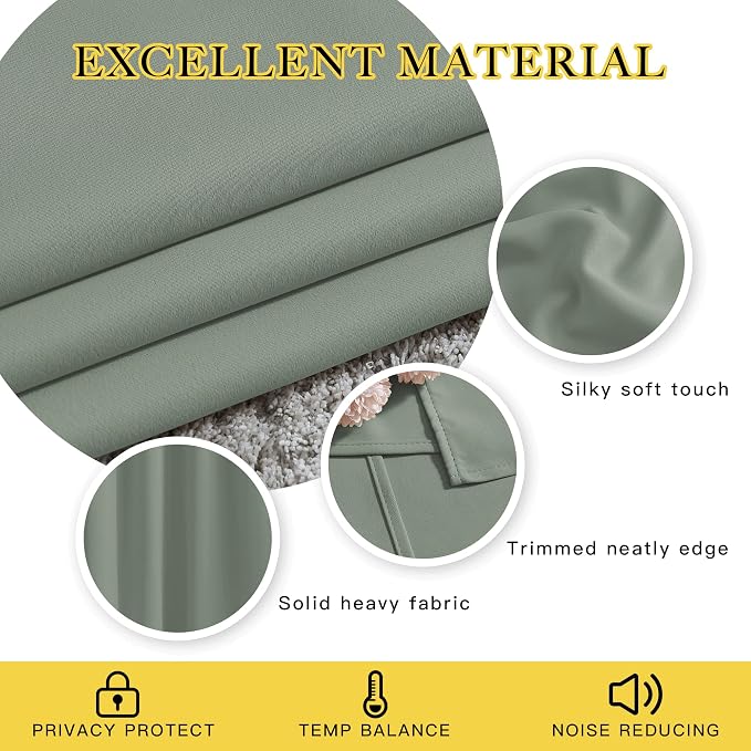 NICETOWN Blackout Sage Green Curtains & Drapes for Living Room - Thermal Insulated Solid Grommet Sound Reducing Room Darkening Window Treatments for Bedroom/French Door (2 Panels, W66 x L84)