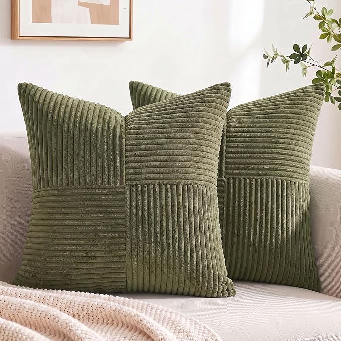 Fancy Homi 2 Packs Olive Green Decorative Throw Pillow Covers 16x16 Inch for Living Room Couch Bed, Rustic Farmhouse Boho Home Decor, Soft Corss Patchwork Corduroy Textured Cushion Case 40x40 cm