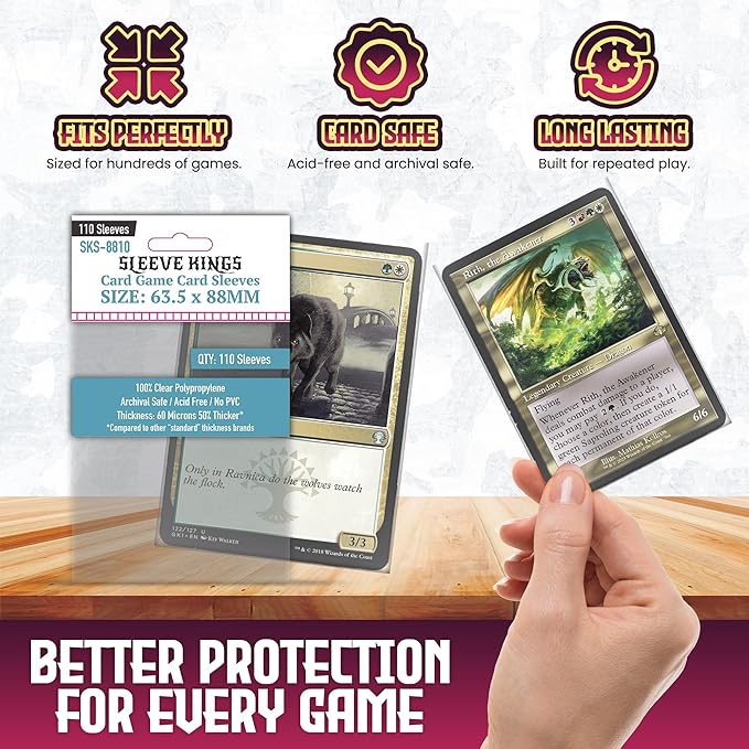 Sleeve Kings Standard Card Sleeves – 110 Count, Clear 60 Micron Thickness, Medium MTG Size (63.5 x 88 mm), Compatible with Magic: The Gathering & More – SKU: SKS-8810