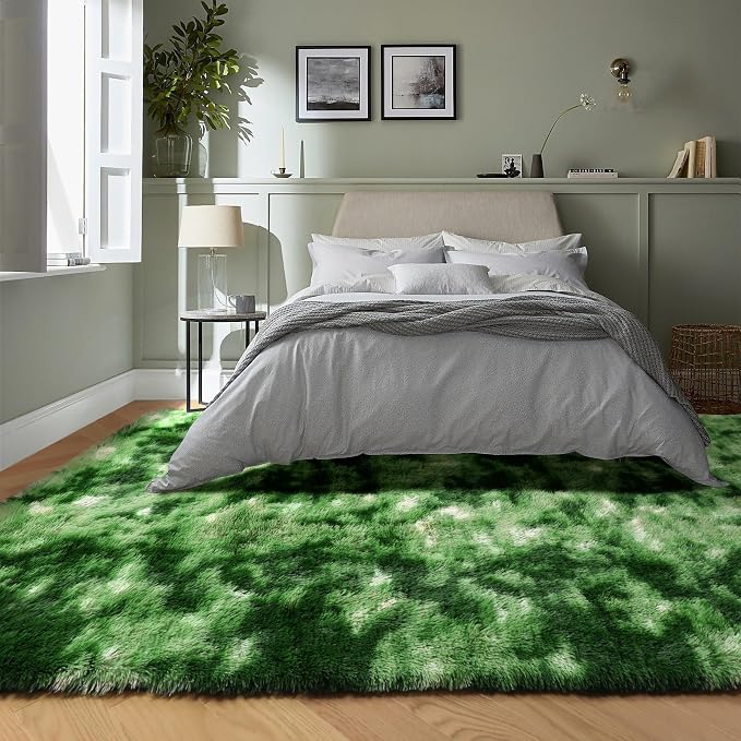 PAGISOFE Area Rugs for Bedroom 4x6, Fluffy Moss Green Rugs for Living Room, Non-Slip Shaggy Carpet for Kids Boys Girls Teen Dorm Nursery Forest Room Decor Aesthetic Modern Abstract Bedside Carpets