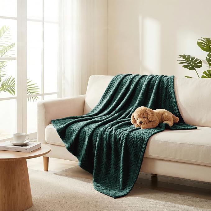 Exclusivo Mezcla Soft Fleece Blanket Queen Size for Bed, Sofa, Forest Green | 90"x90" Breathable Lightweight Flannel Blanket for Summer, Plush Cozy Jacquard Wave for Home Decor
