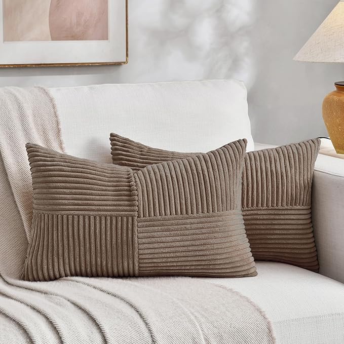 Fancy Homi Set of 2, Light Brown Patchwork Corduroy Decorative Soft Striped Modern Accent Cushion Case Farmhouse Boho Neutral Throw Pillow Covers for Chair Couch Bed Sofa Living Room 22x14 Inch