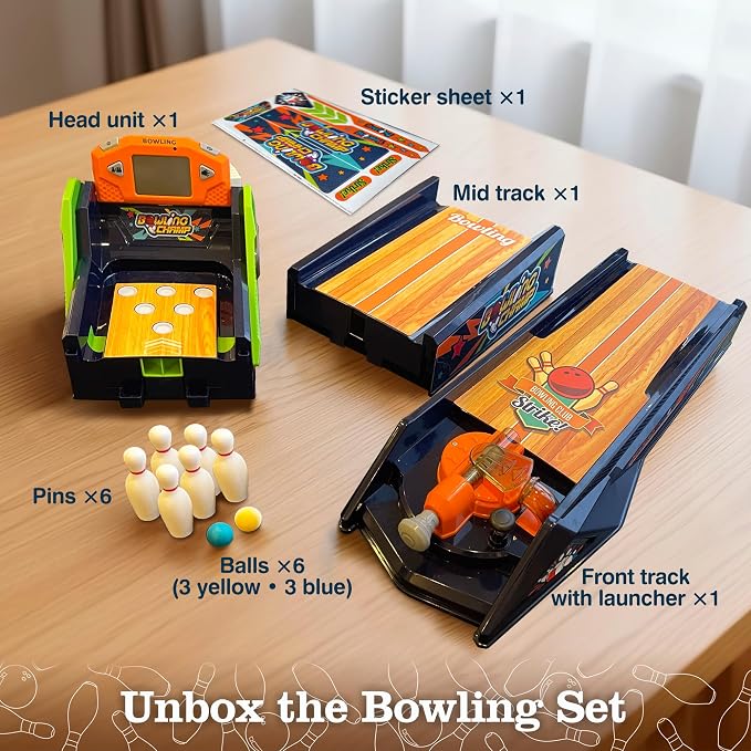 Bowling Game — Electronic Tabletop Arcade Game with LCD Auto Scoring, Lights & Sound, Spring-Loaded Launcher & 1-2 Player Modes — Mini Bowling Set for Kids